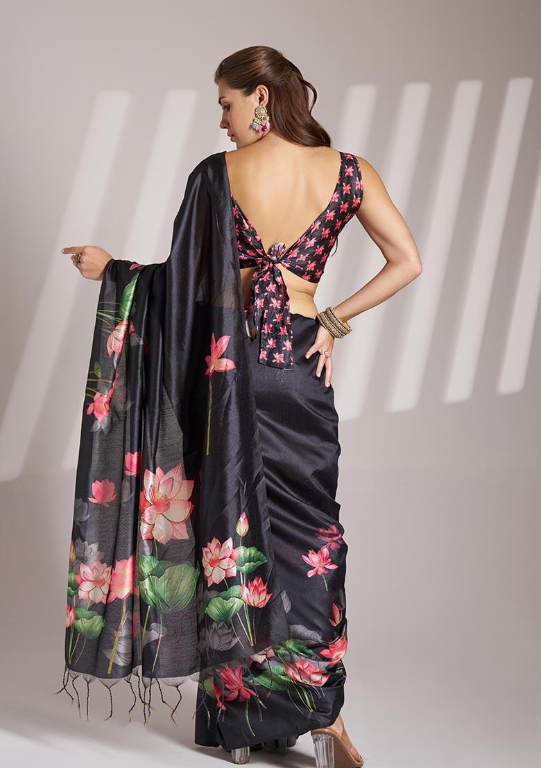 Black Printed Poly Blend Saree Set