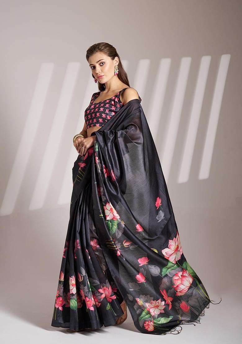 Black Printed Poly Blend Saree Set - Indya