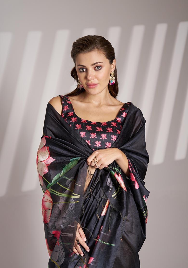 Black Printed Poly Blend Saree Set