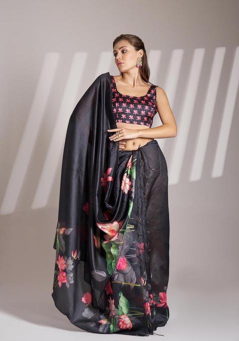 Black Printed Poly Blend Saree Set