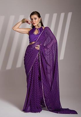 Purple Printed Georgette Saree Set