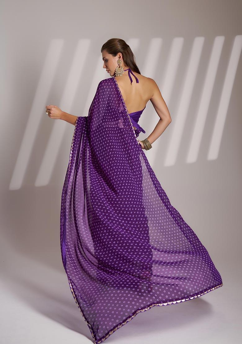 Purple Printed Georgette Saree Set