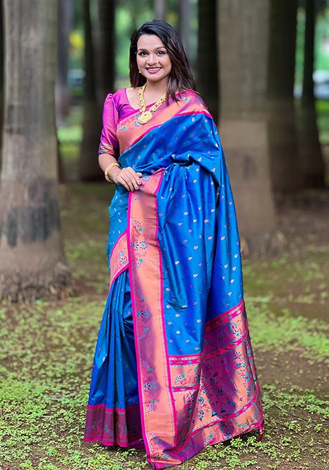 Blue Zari Woven Silk Saree Set