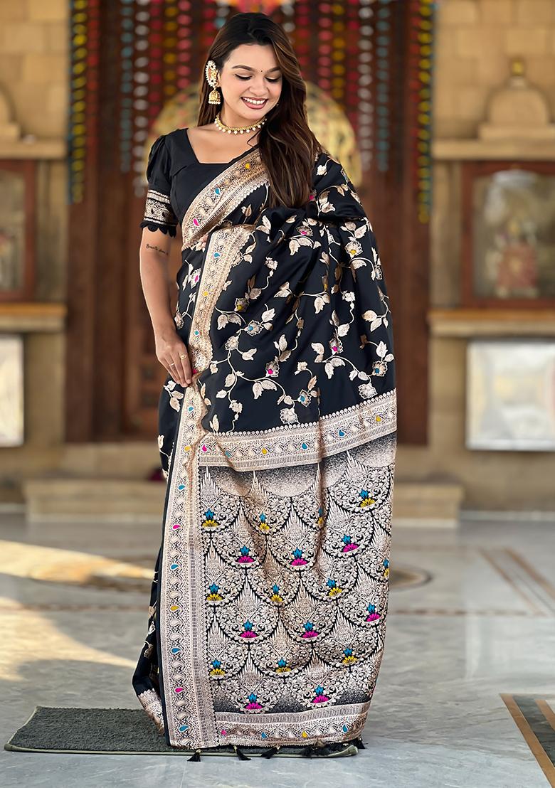 Black Zari Woven Silk Saree Set