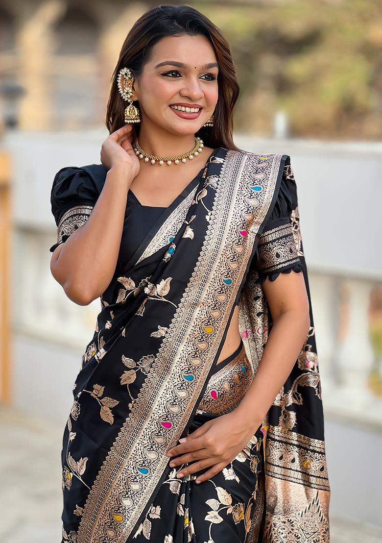 Black Zari Woven Silk Saree Set