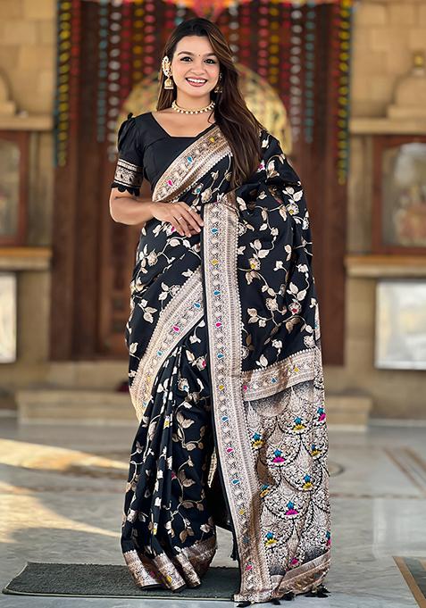 Black Zari Woven Silk Saree Set