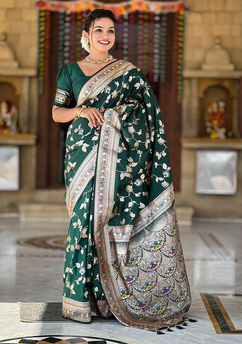 Green Zari Woven Silk Blend Saree Set for Diwali | Wedding & Festive Wear - Indya