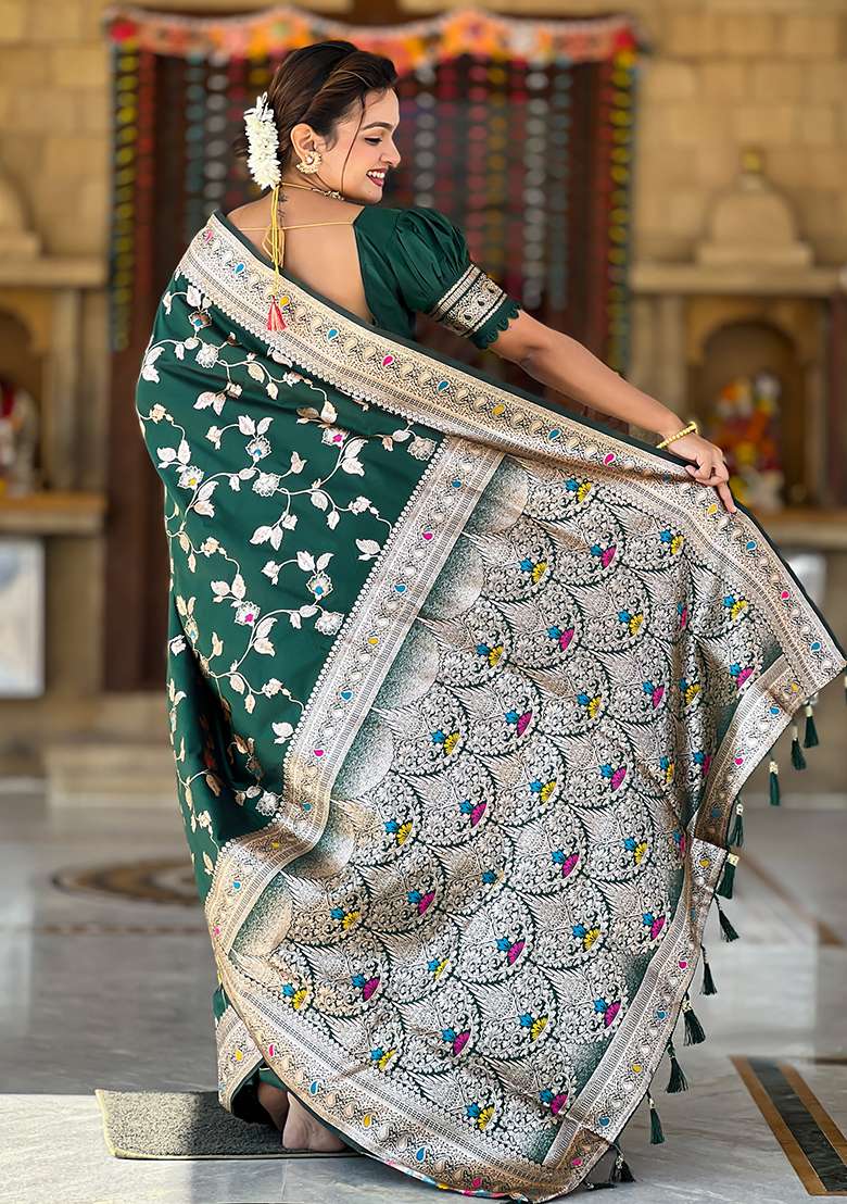 Green Zari Woven Silk Blend Saree Set for Diwali | Wedding & Festive Wear - Indya