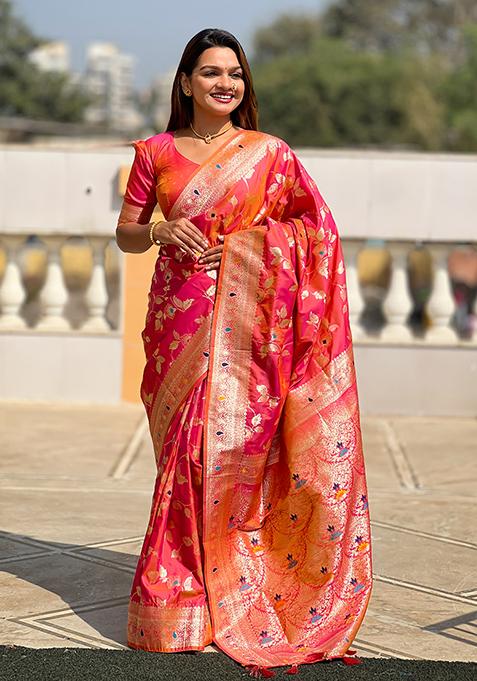 Pink Zari Woven Silk Saree Set