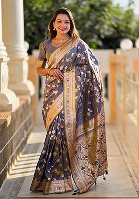 Grey Zari Woven Silk Saree Set