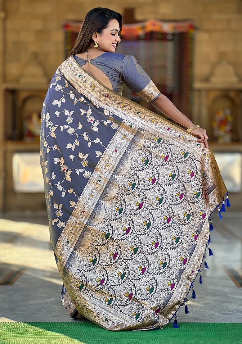 Grey Zari Woven Silk Saree Set