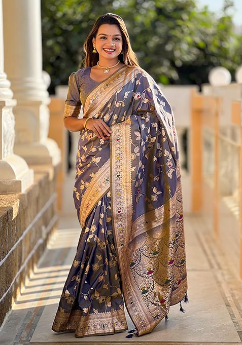 Grey Zari Woven Silk Saree Set