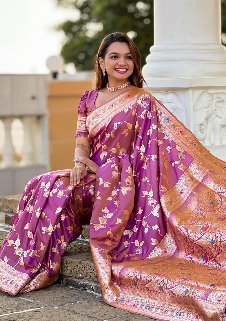 Onion Pink Zari Woven Silk Saree Set