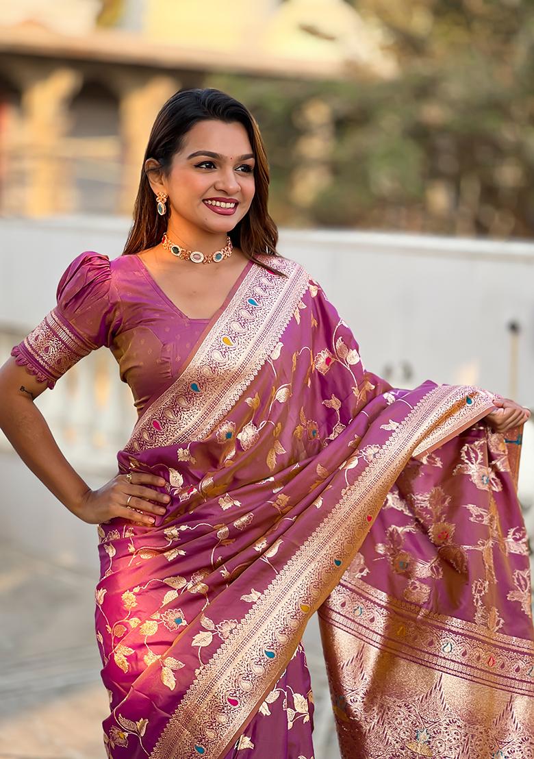 Onion Pink Zari Woven Silk Saree Set