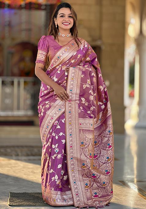 Onion Pink Zari Woven Silk Saree Set