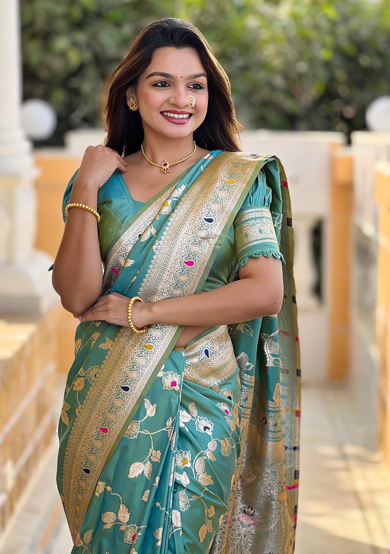 Pista Green Zari Woven Silk Saree Set