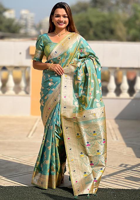 Pista Green Zari Woven Silk Saree Set