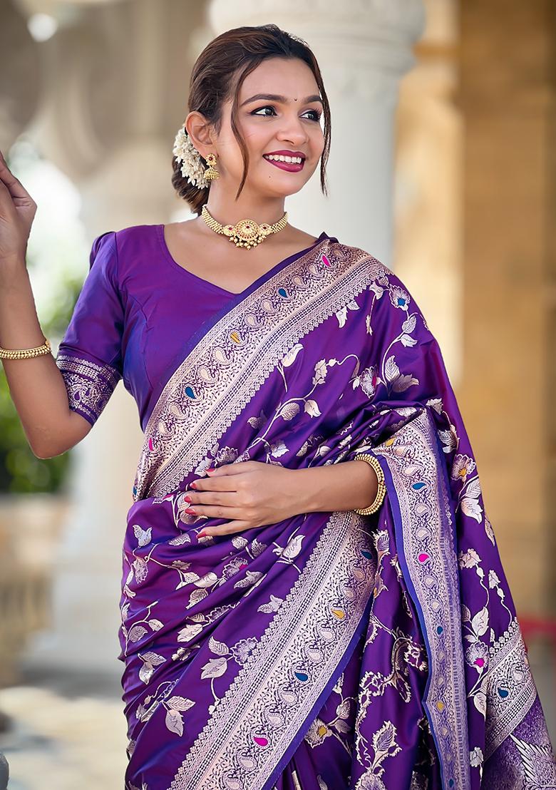 Purple Zari Woven Silk Saree Set