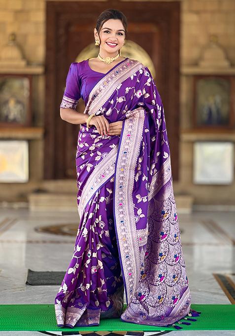 Purple Zari Woven Silk Saree Set