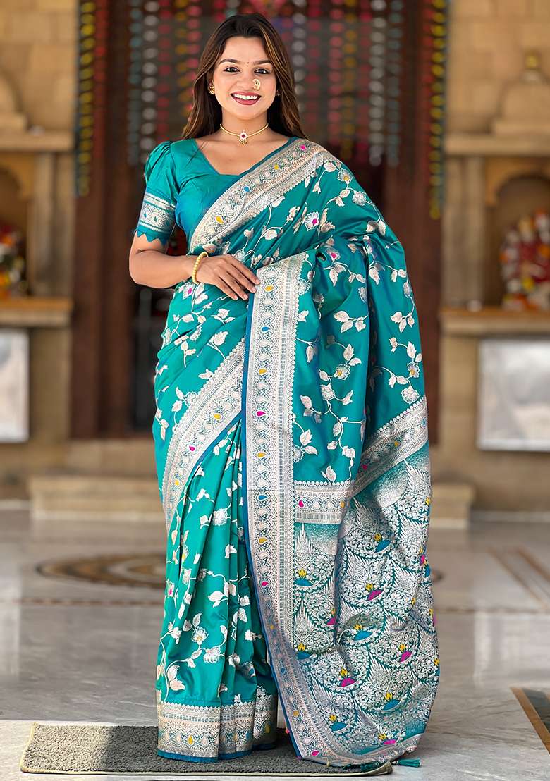 Rama Blue Zari Woven Silk Blend Saree Set for Diwali and Festive Wear - Indya
