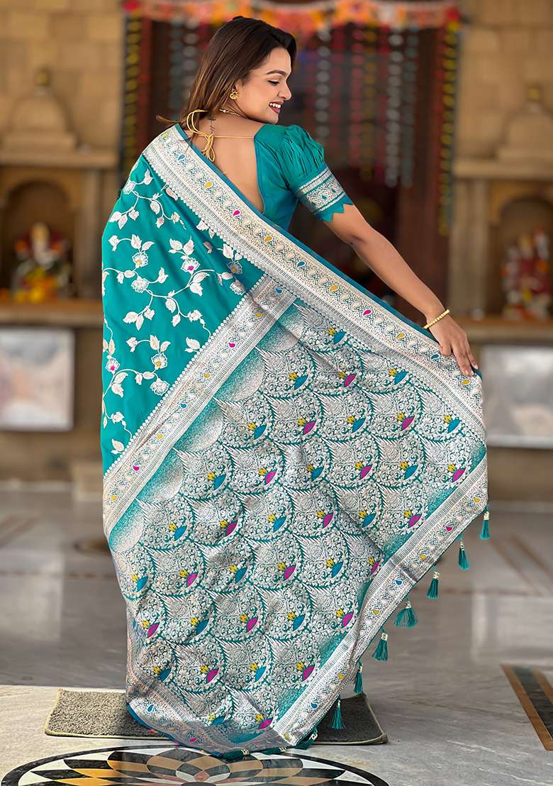 Rama Blue Zari Woven Silk Blend Saree Set for Diwali and Festive Wear - Indya
