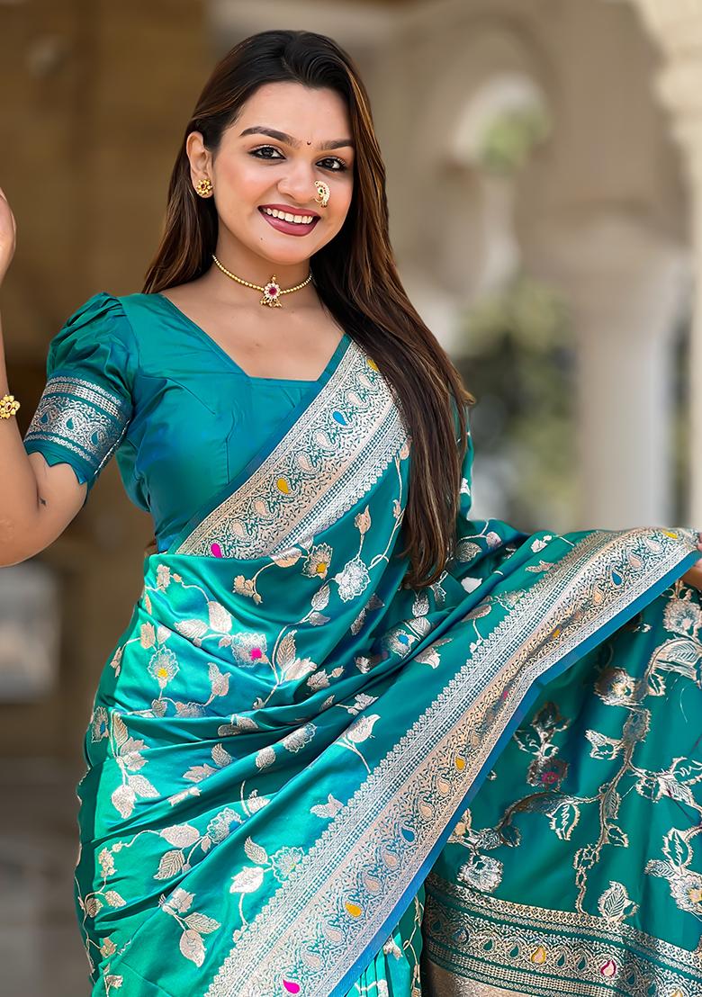 Rama Blue Zari Woven Silk Saree Set