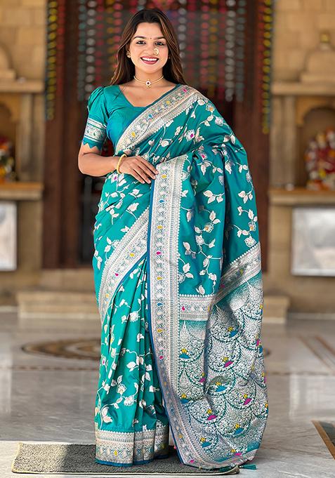 Rama Blue Zari Woven Silk Saree Set