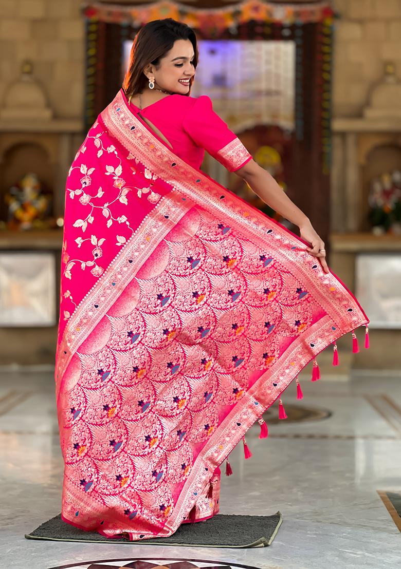 Rani Pink Zari Woven Silk Saree Set