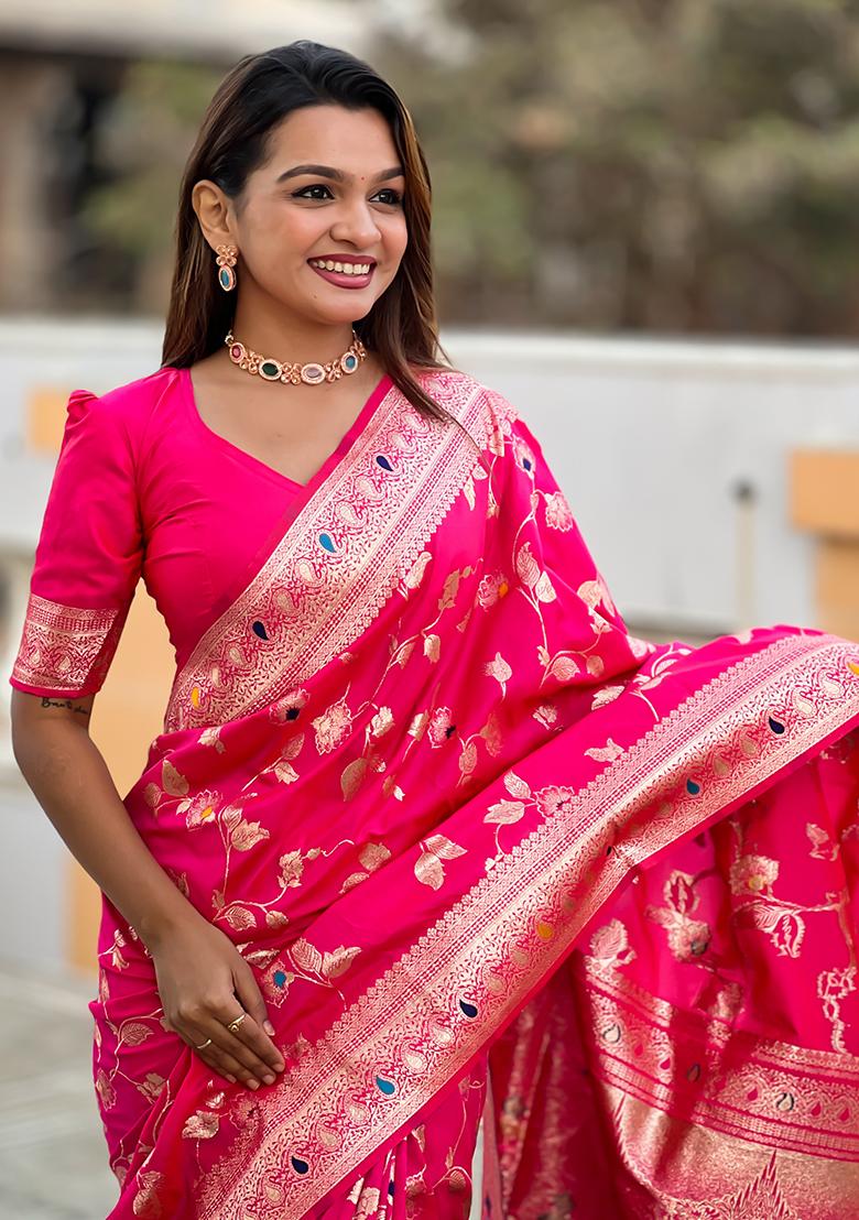 Rani Pink Zari Woven Silk Saree Set