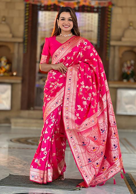 Rani Pink Zari Woven Silk Saree Set