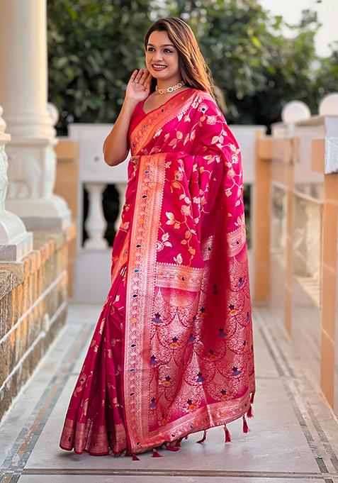 Rani Pink Zari Woven Silk Saree Set