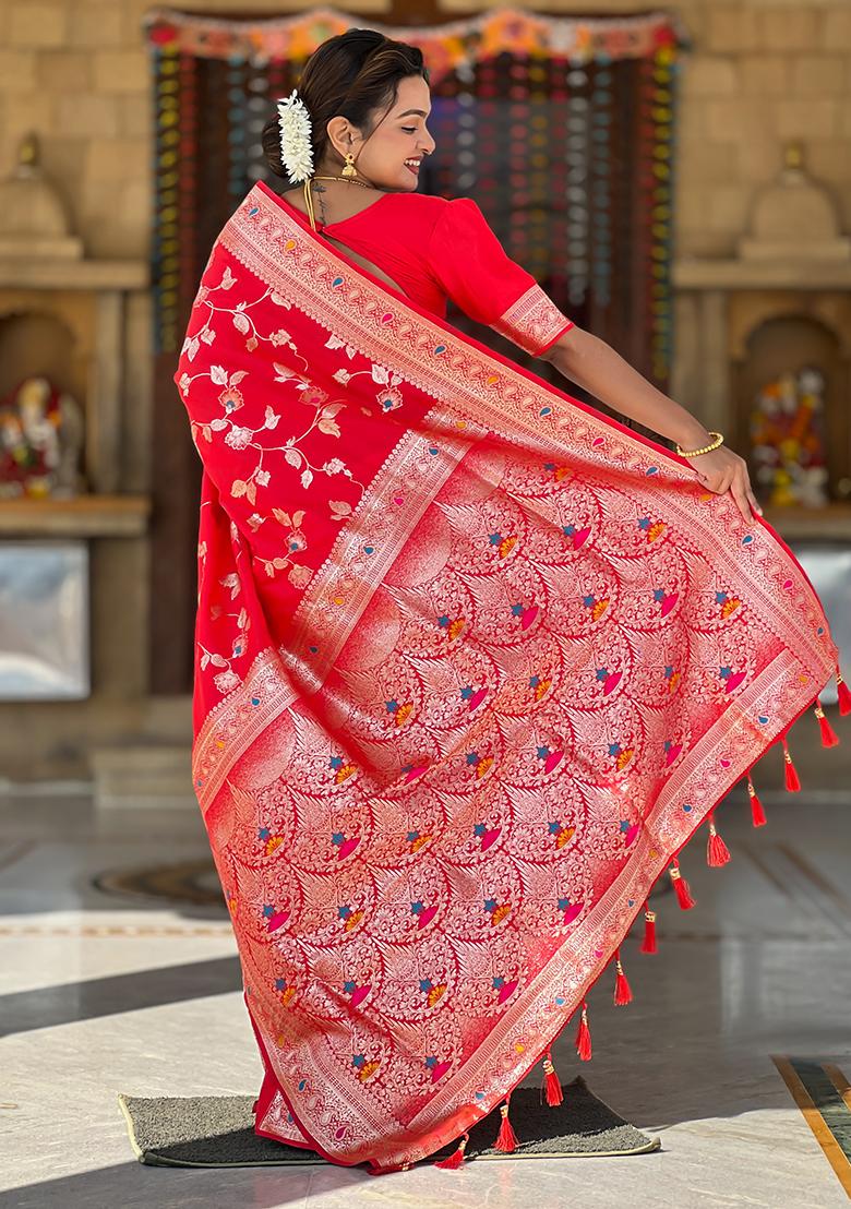 Red Zari Woven Silk Saree Set