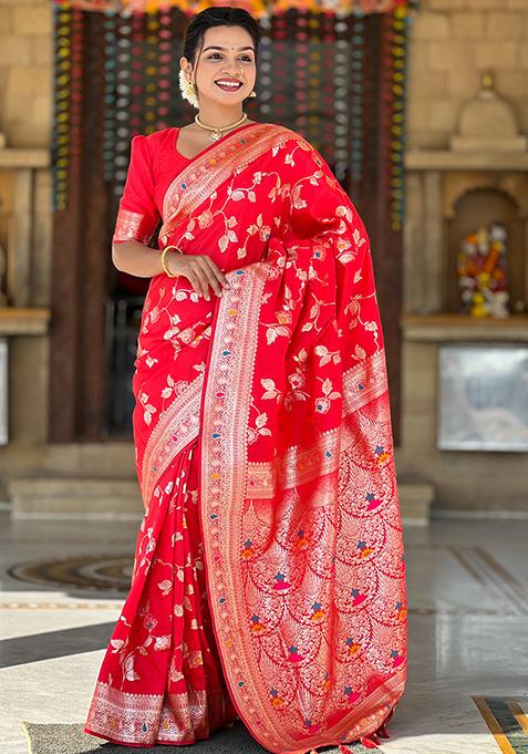 Red Zari Woven Silk Saree Set