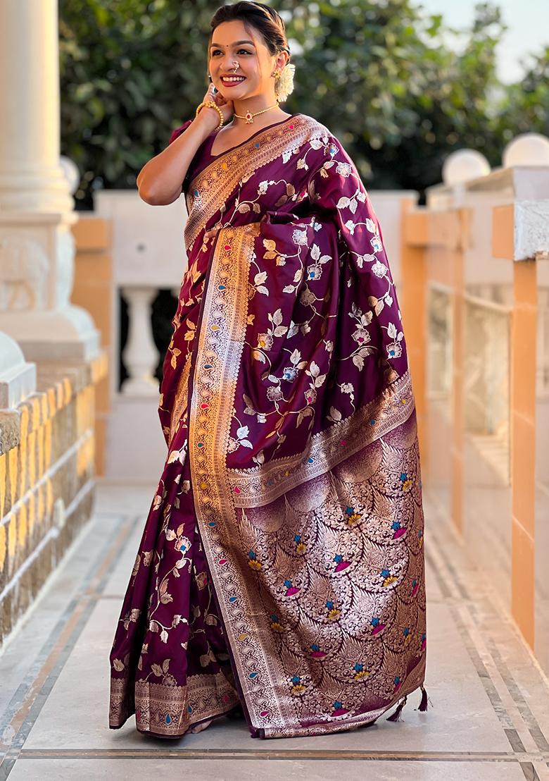 Wine Zari Woven Silk Saree Set