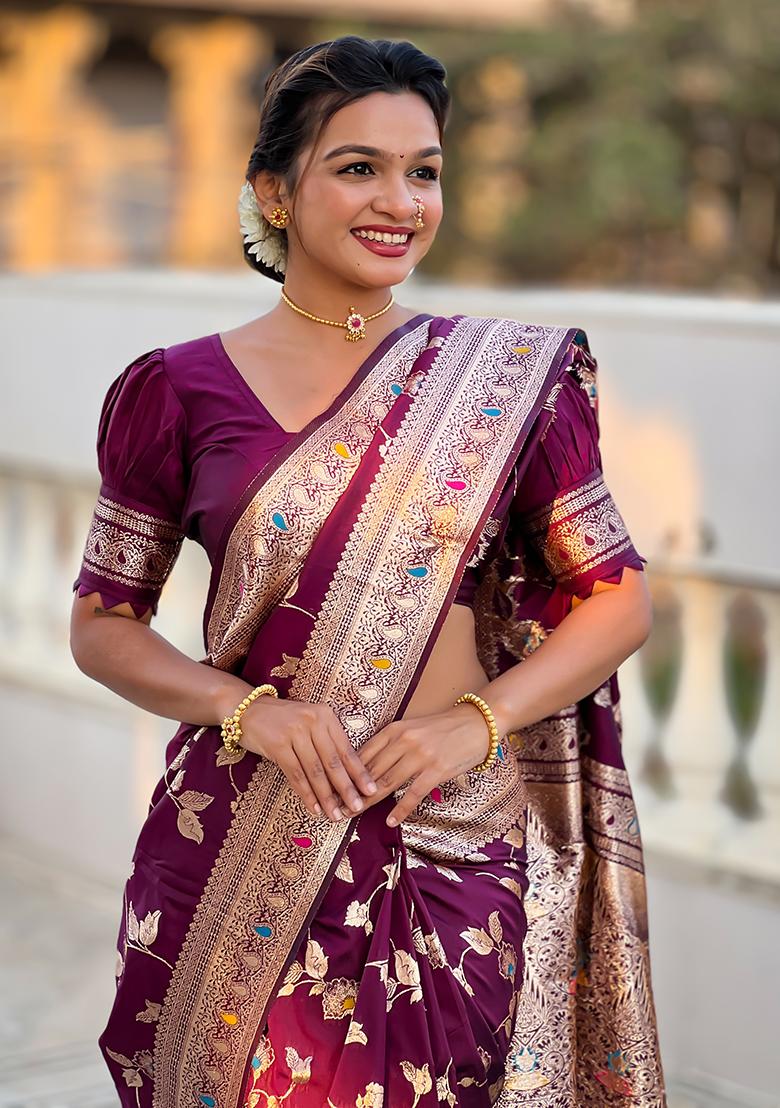Wine Zari Woven Silk Saree Set