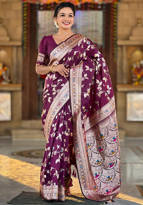 Wine Zari Woven Silk Saree Set