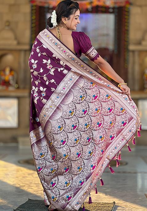 Wine Zari Woven Silk Saree Set