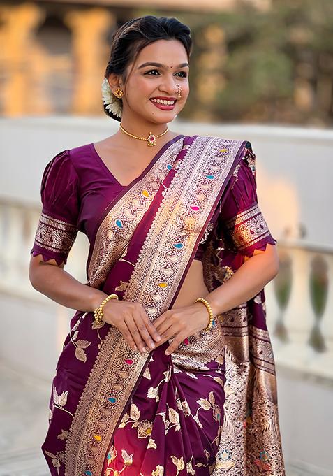 Wine Zari Woven Silk Saree Set