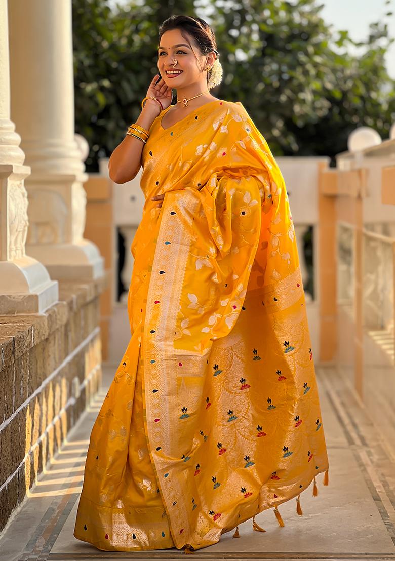 Yellow Zari Woven Silk Saree Set