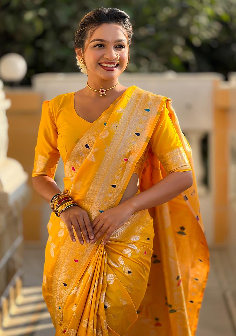 Yellow Zari Woven Silk Saree Set