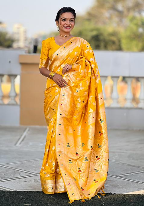 Yellow Zari Woven Silk Saree Set