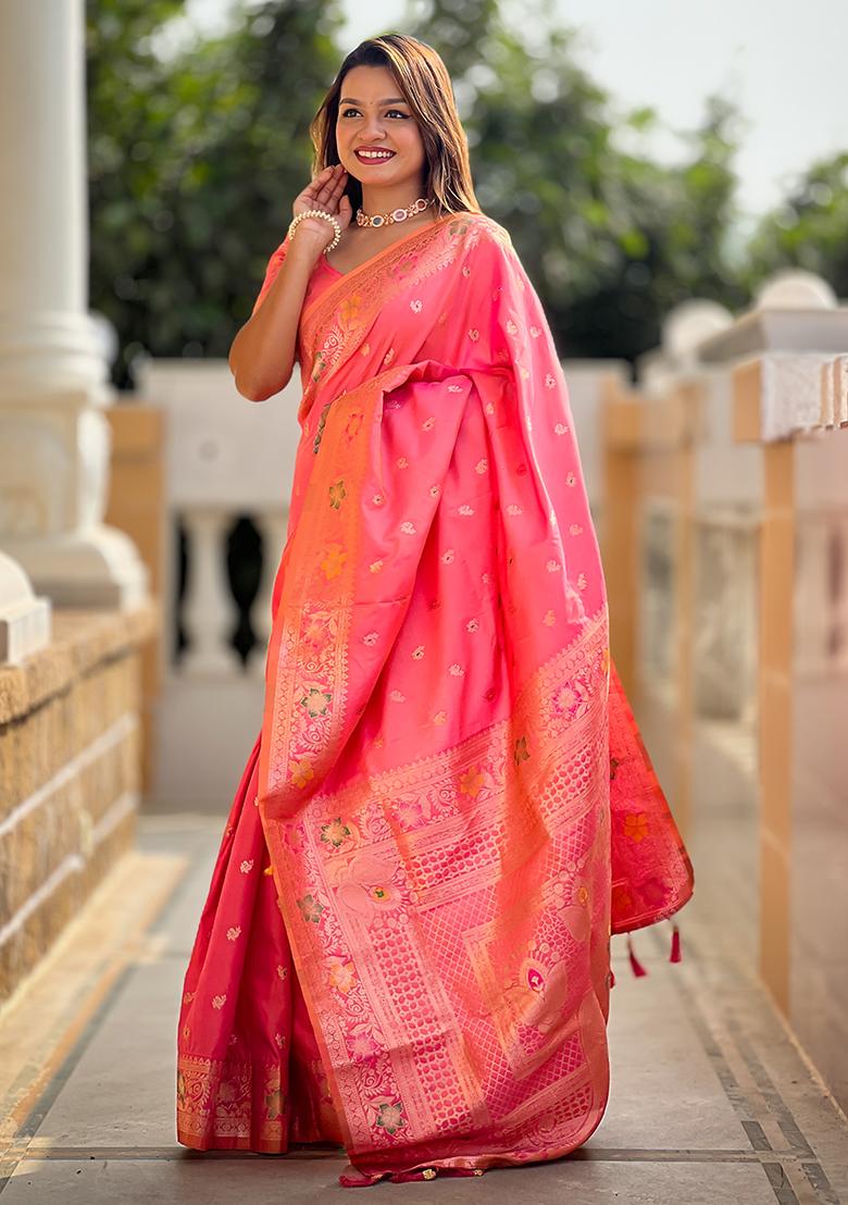 Pink Zari Woven Silk Saree Set