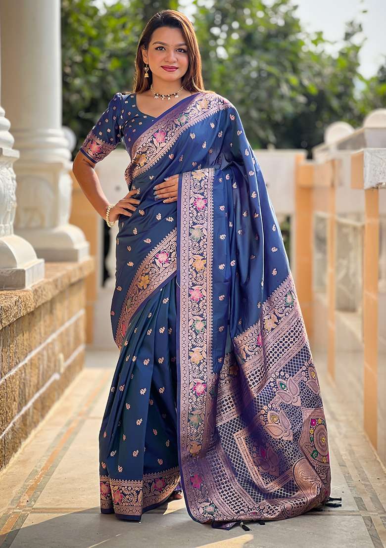 Morpeach Zari Woven Silk Blend Saree Set for Diwali and Festive Wear - Indya