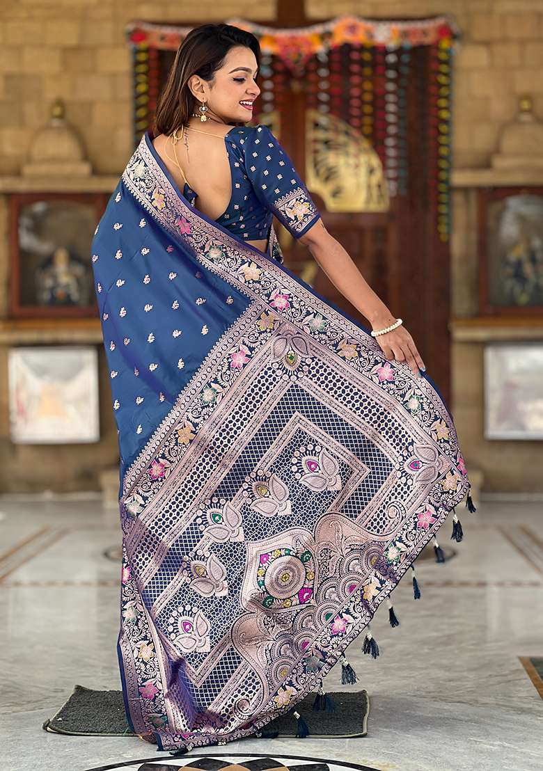 Morpeach Zari Woven Silk Blend Saree Set for Diwali and Festive Wear - Indya