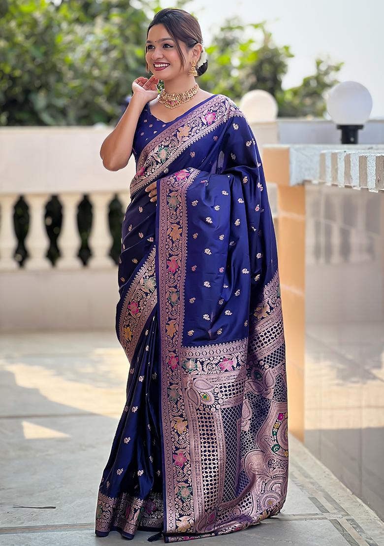 Blue Zari Woven Silk Saree Set