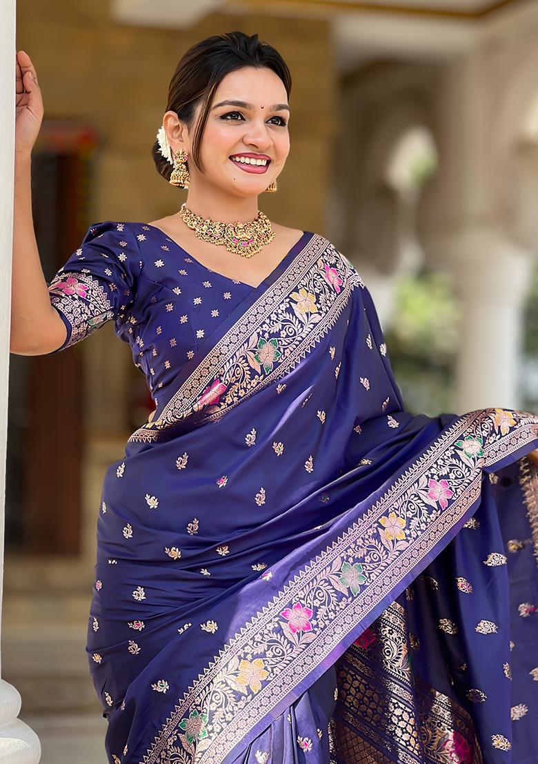 Blue Zari Woven Silk Saree Set