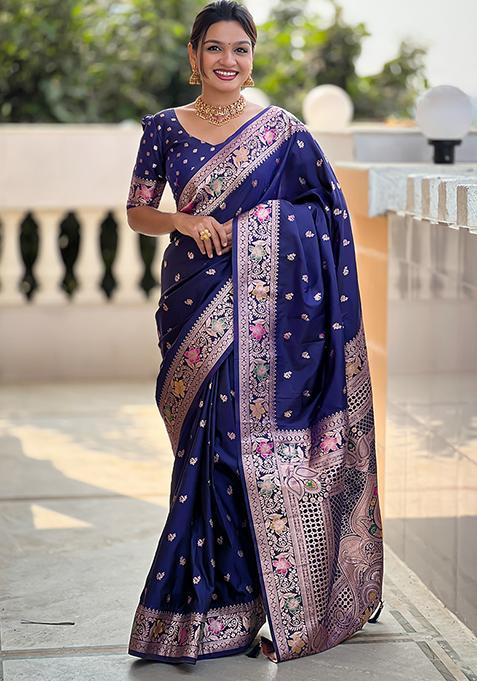 Blue Zari Woven Silk Saree Set