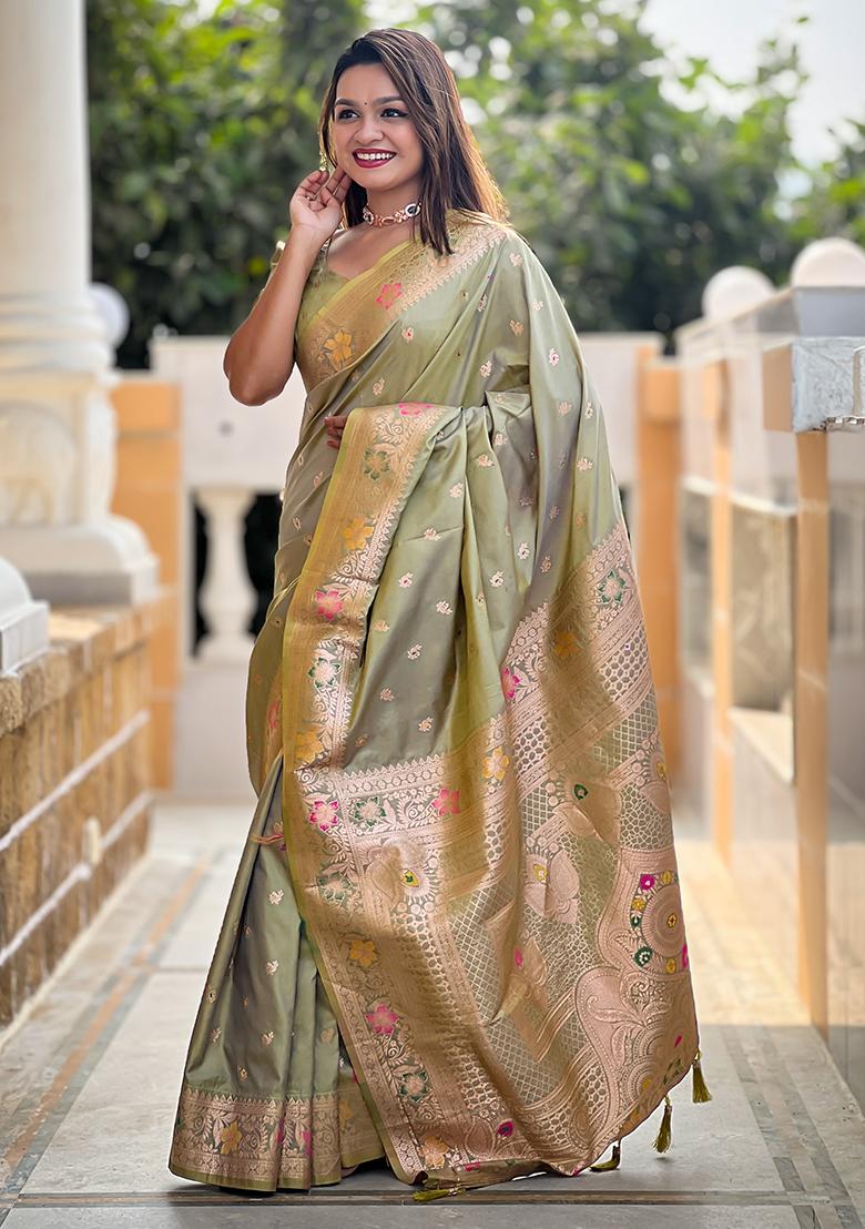 Pista Green Zari Woven Silk Saree Set
