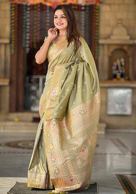 Pista Green Zari Woven Silk Saree Set