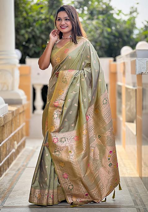 Pista Green Zari Woven Silk Saree Set